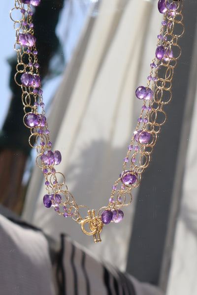 Double chain bubble necklace, amethysts .