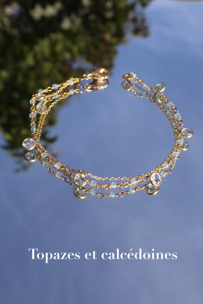 Double chain bracelet with topaz and chalcedony